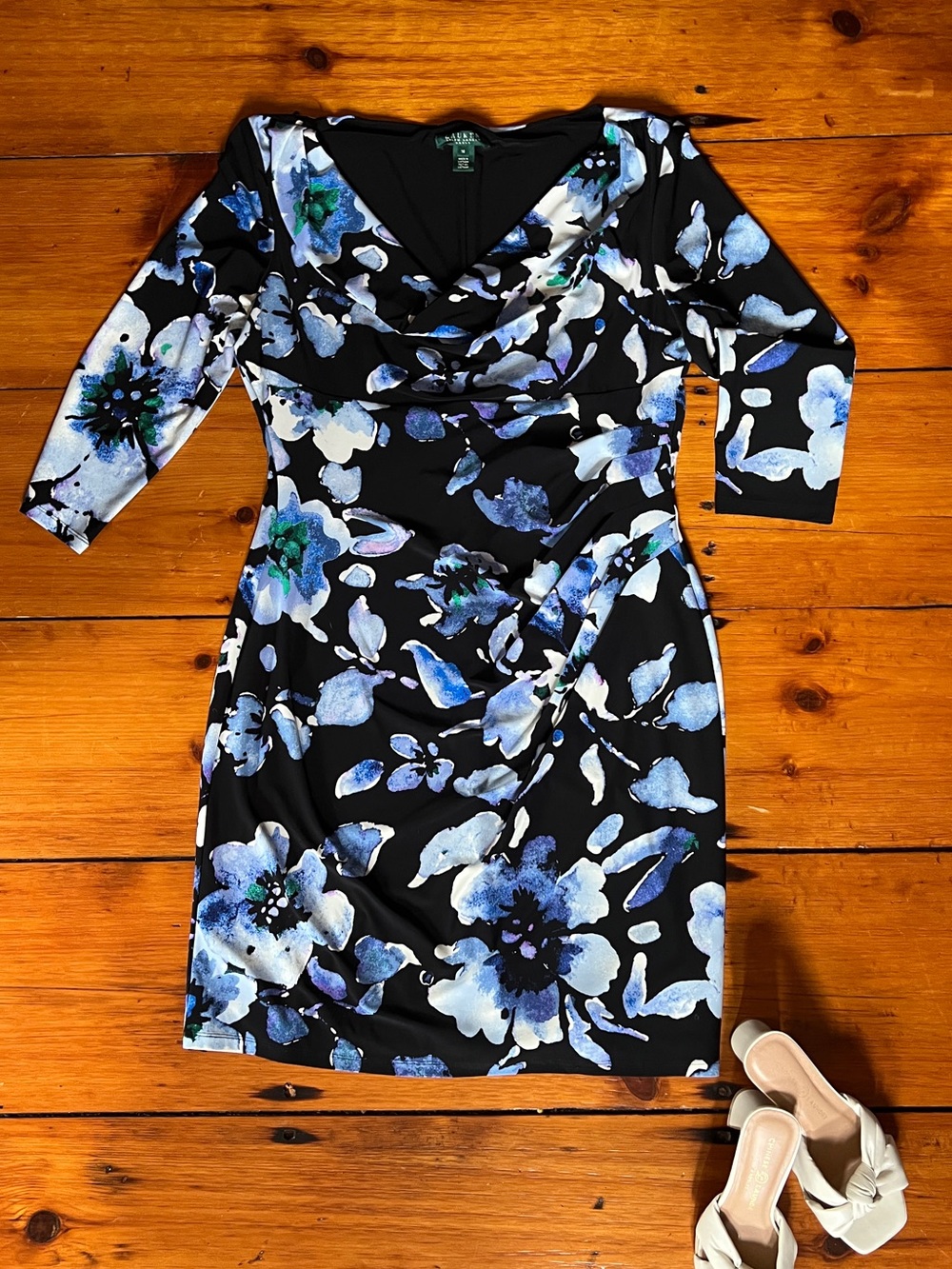 Lauren Ralph Lauren Floral Cowl Neck Ruched Sheath Dress 16 3/4 Sleeve